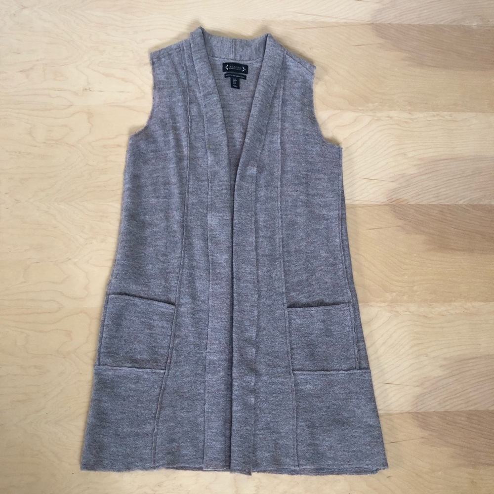 Nanette Lepore Grey 100% Merino Wool Vest longline sleeveless open front cardi